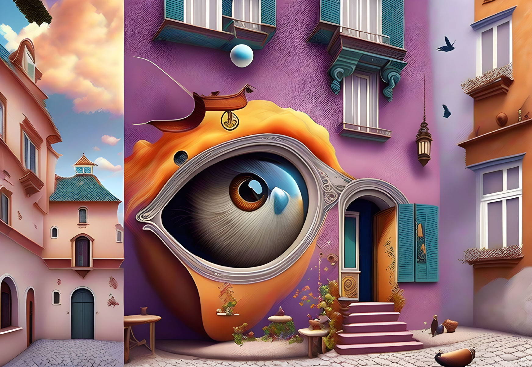 Whimsical building facade with giant eye in eyeglass frames