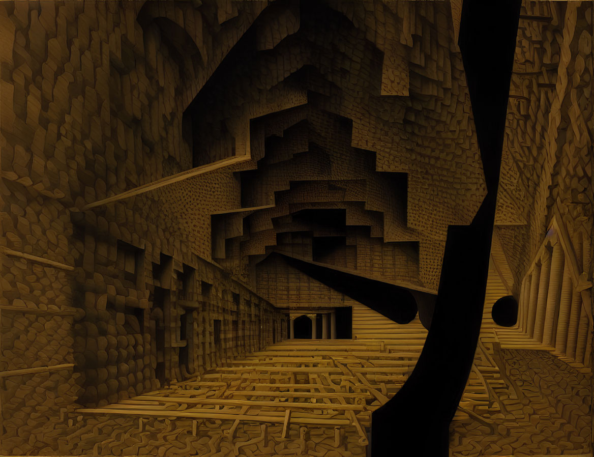 Abstract Escher-like image with impossible geometries and staircases in sepia tone