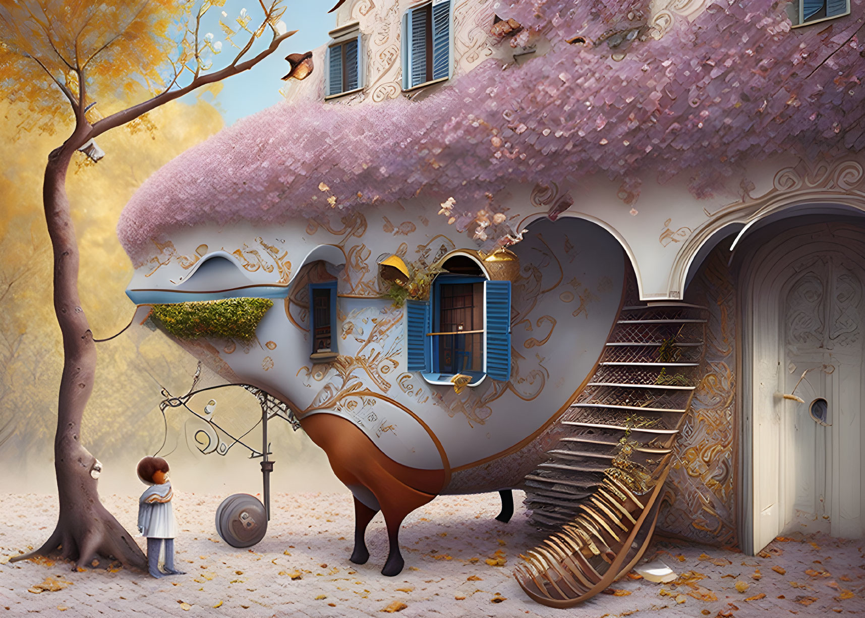 Child gazing at fantasy house on wheels with snail shell and classical building elements
