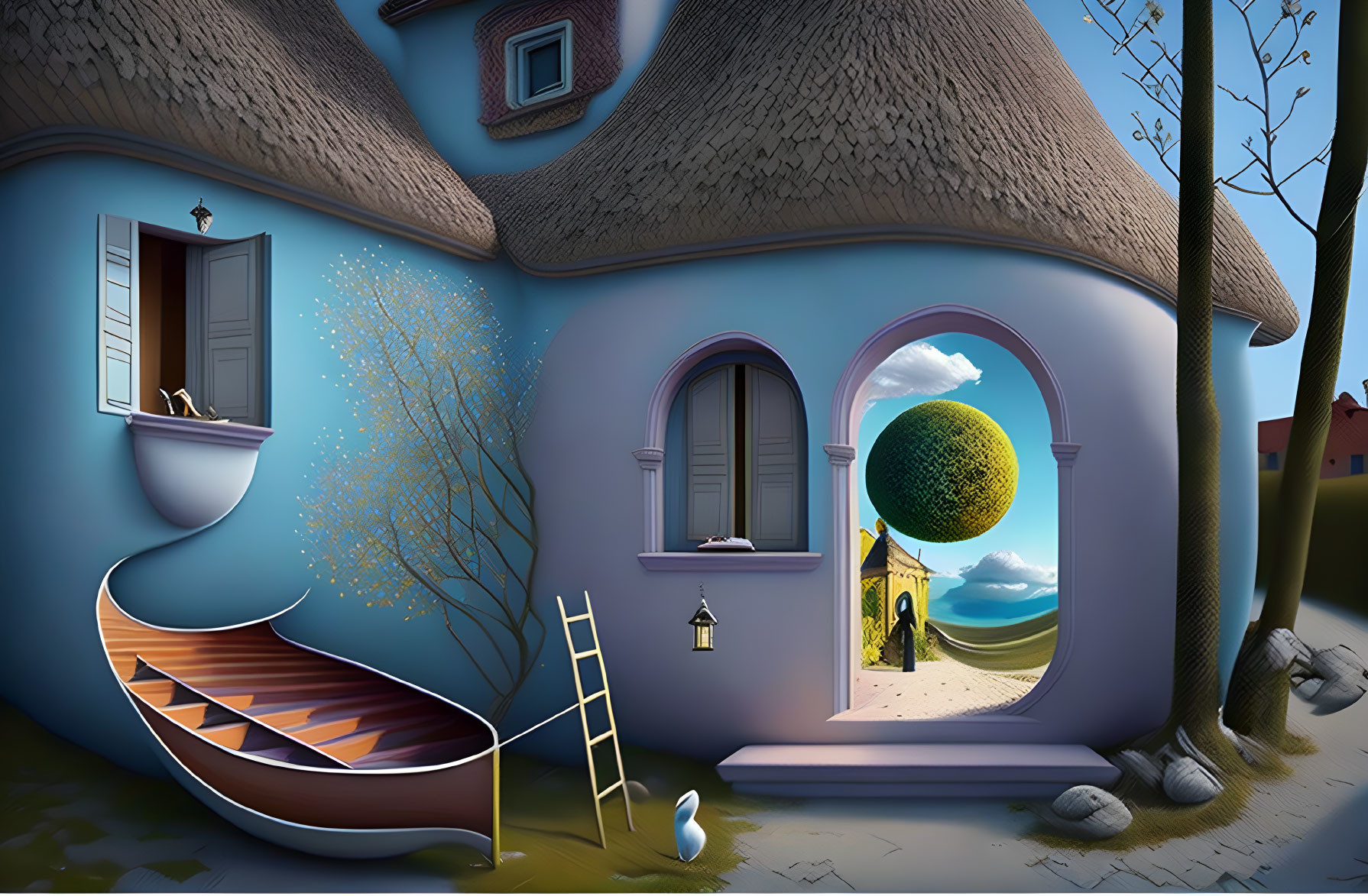 Surreal digital artwork: whimsical house with circular windows, boat, ladder, countryside view,