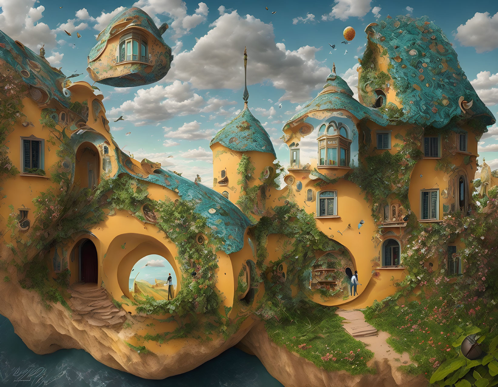 Colorful Landscape with Surreal Architecture and Floating Islands