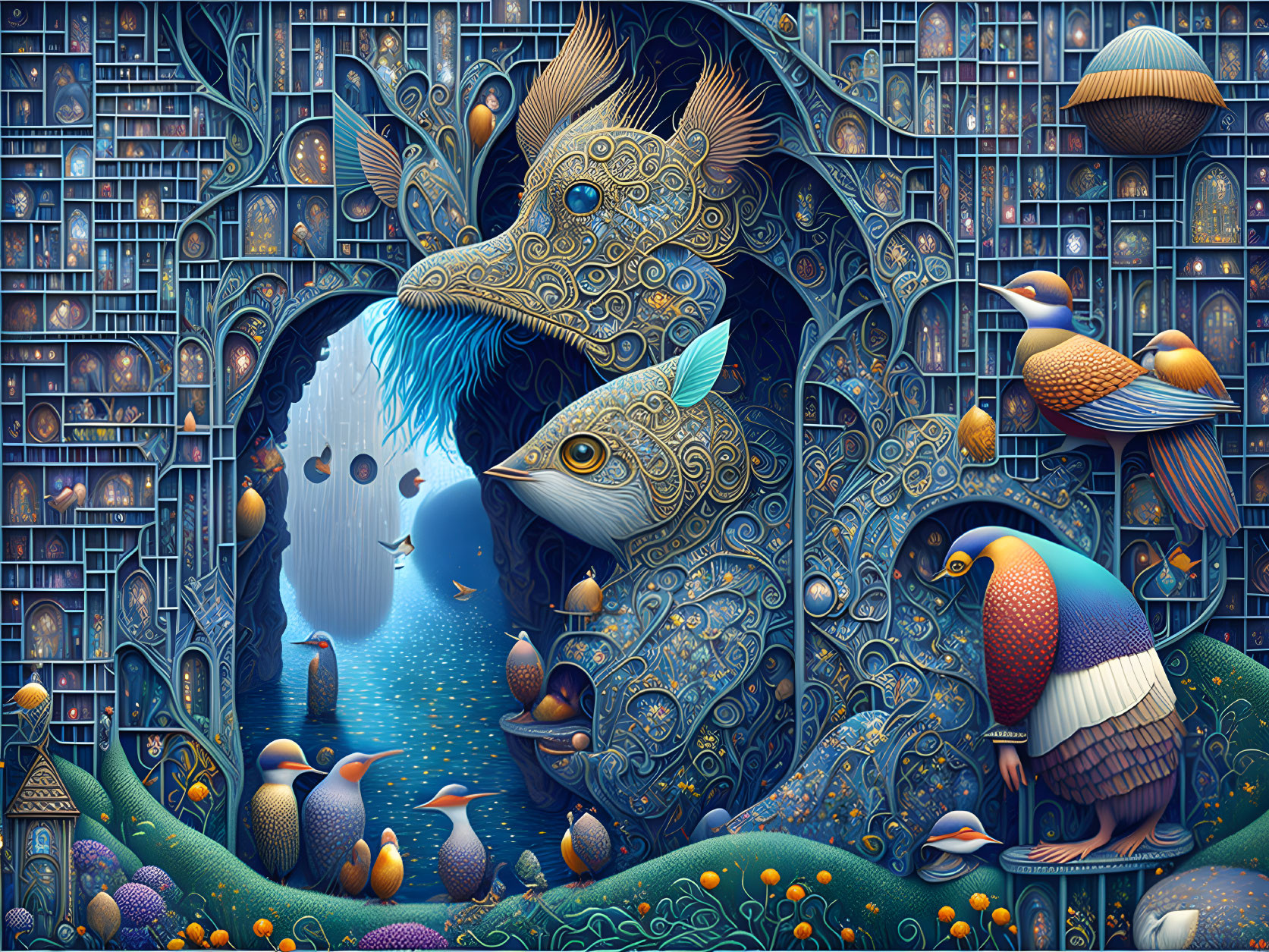 Colorful Artwork: Stylized Animals, Birds, and Library Shelves