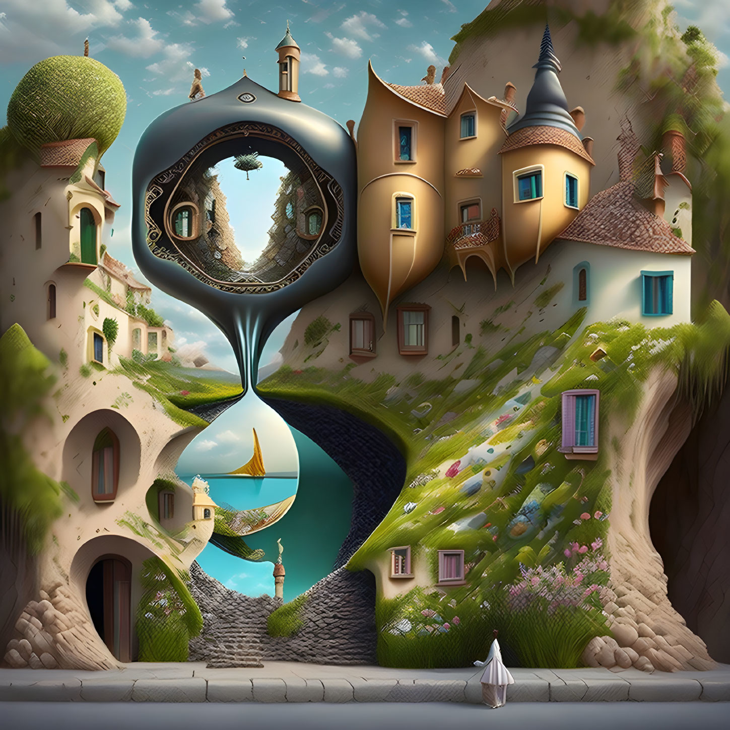 Surreal artwork of hourglass, floating cityscape, river, boat, figure, lush landscape