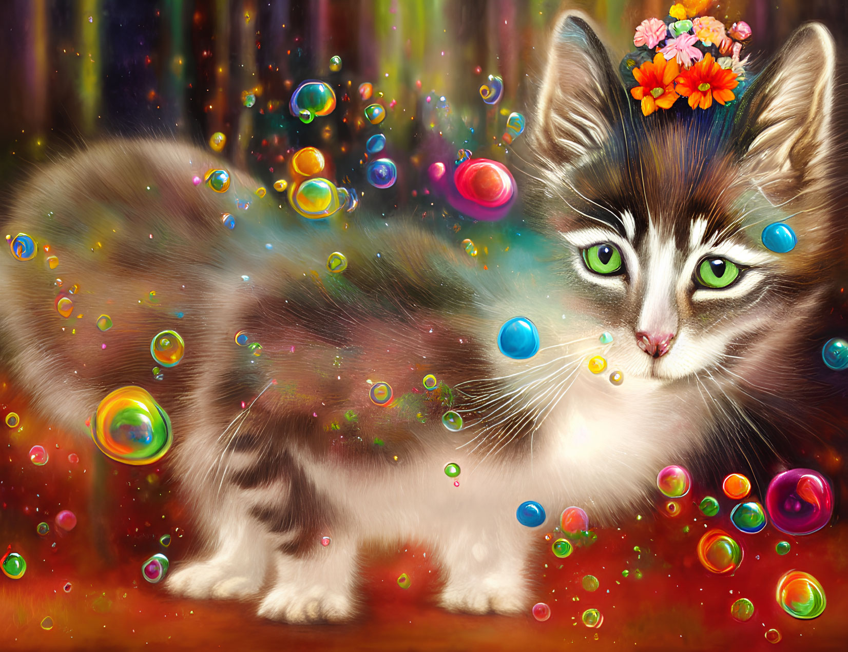 Fluffy kitten illustration with green eyes and vibrant bubbles