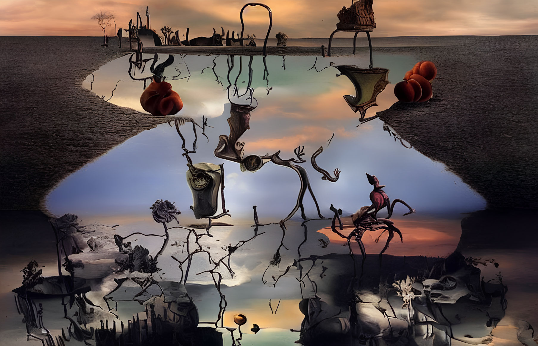 Surreal landscape with mirrored surfaces, whimsical trees, antler-like structures, pumpkins,