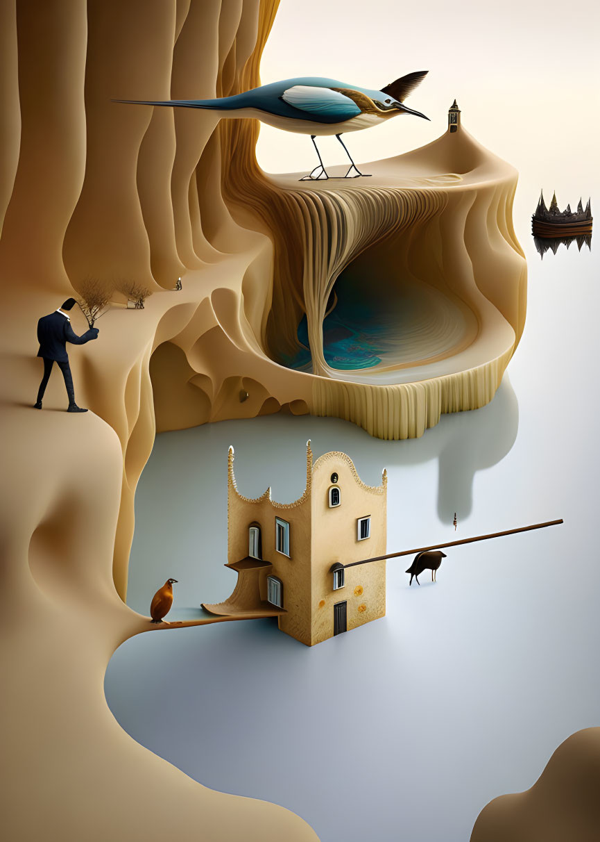 Surreal landscape featuring man in hat, whimsical house, large bird, and floating structure