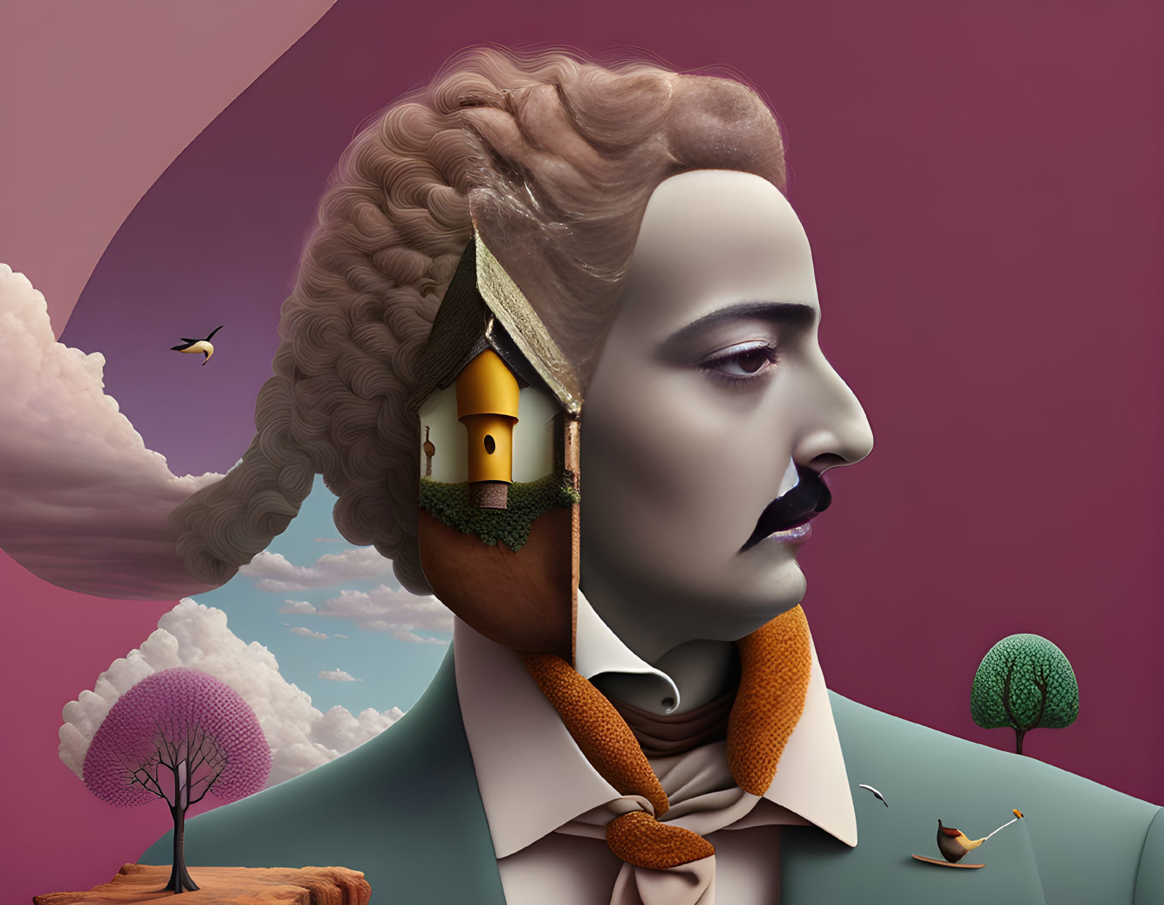 Surreal portrait blending man's profile with countryside scene