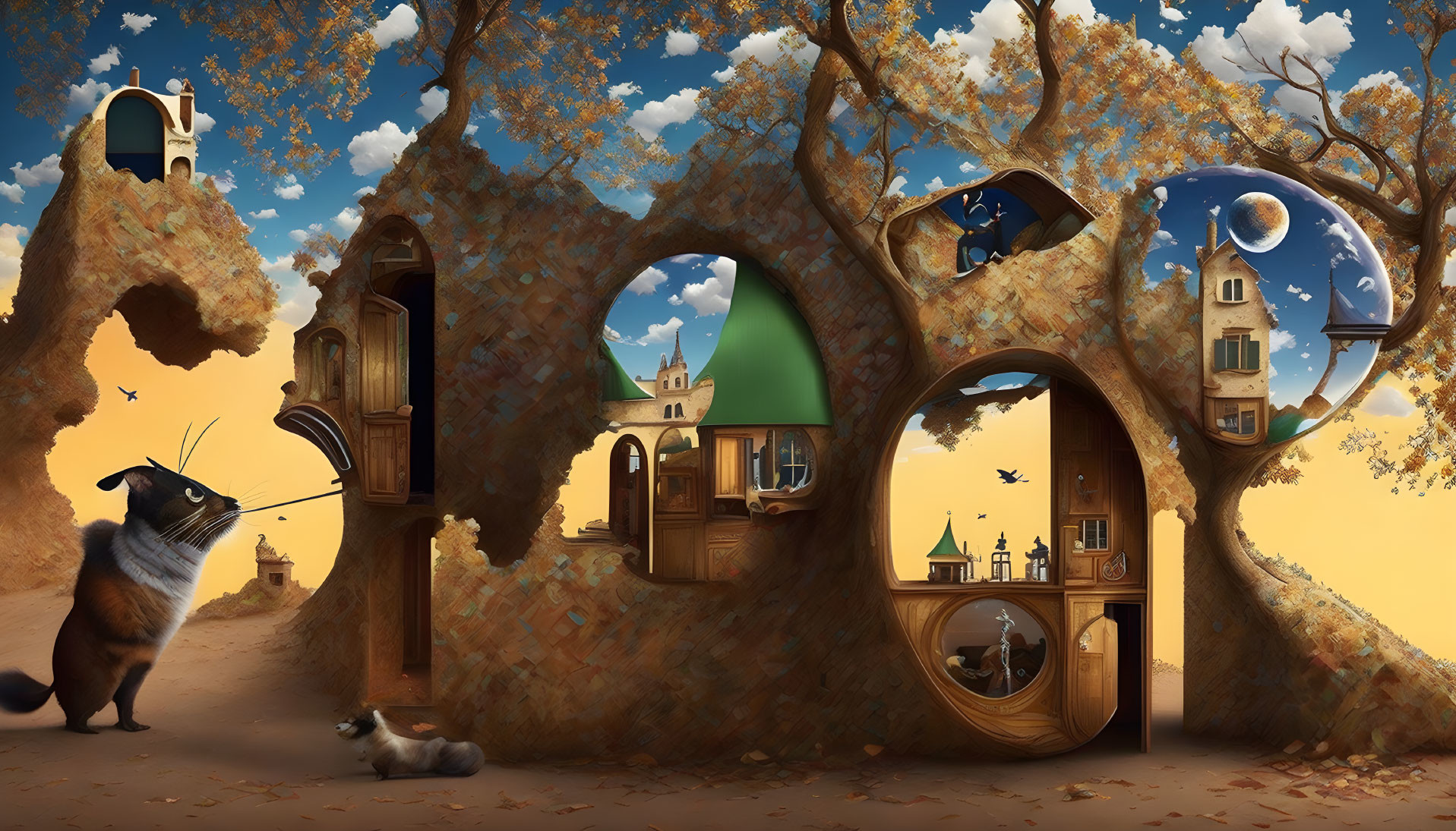 Surreal Artwork: Giant Tree Trunks, Cozy Rooms, Ladders, Stairs