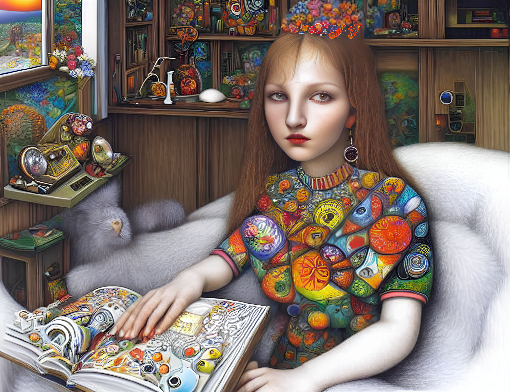 Vibrant surreal painting: Red-haired girl reading with cat in colorful room