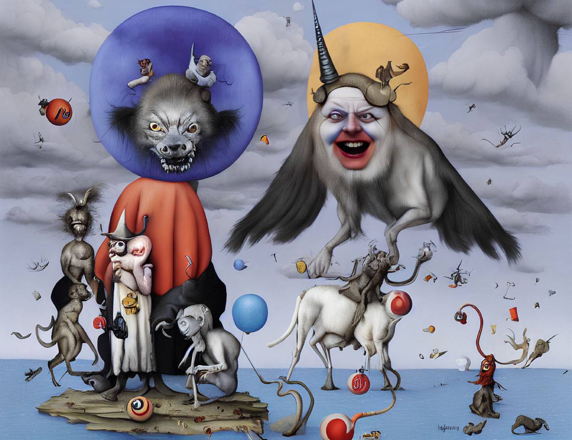 Whimsical surreal artwork with anthropomorphic animals and fantasy creatures