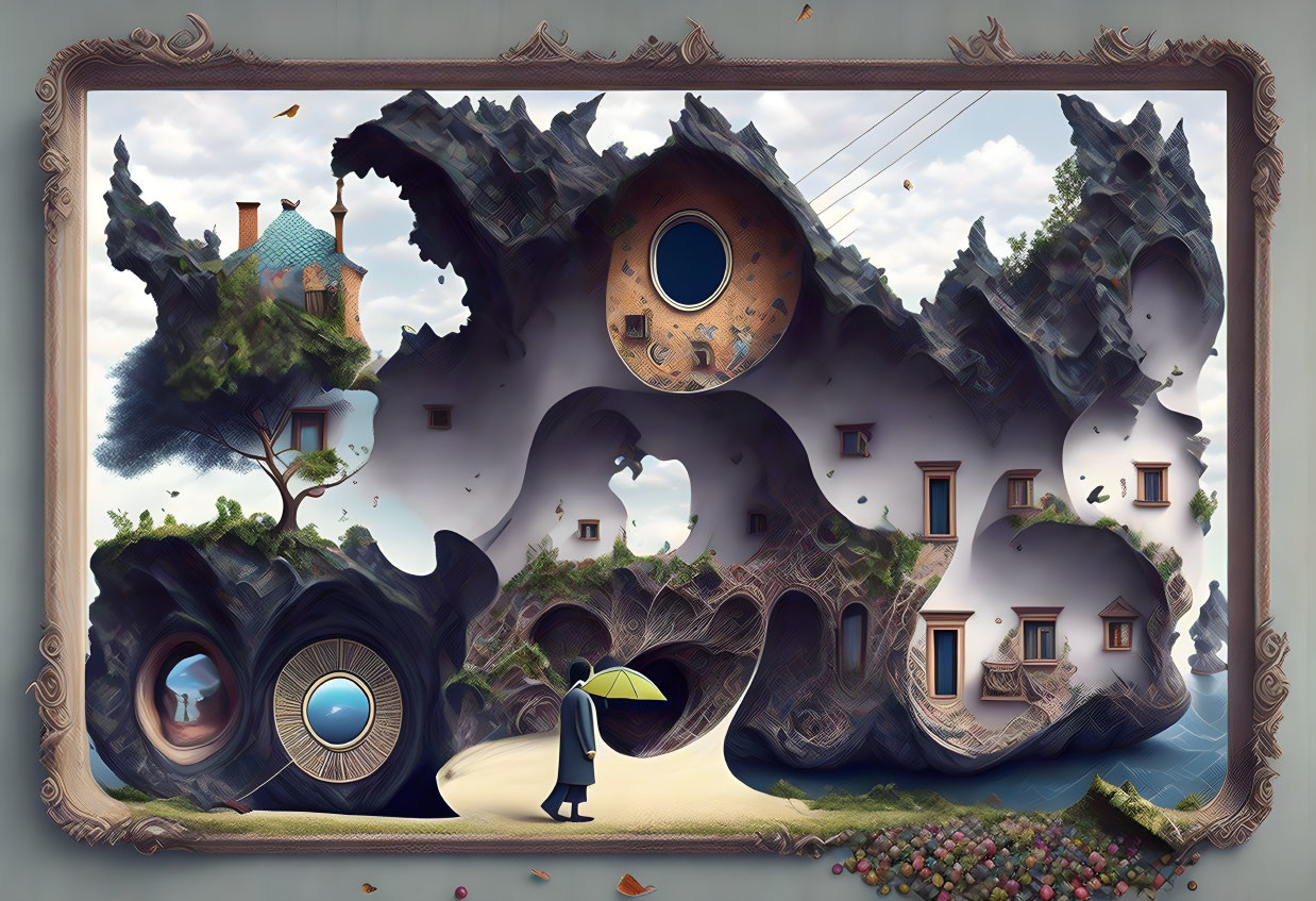 Surreal artwork: humanoid figure with umbrella under floating islands and whimsical houses in ornate frame