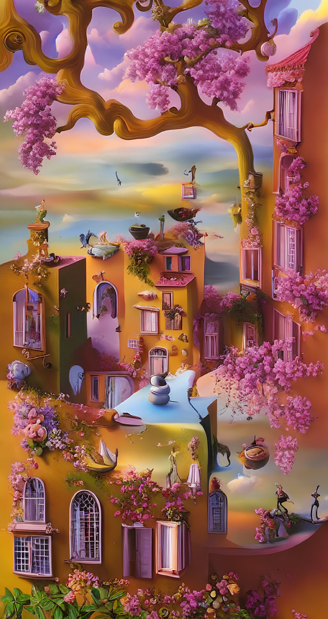 Colorful vertical village with cherry trees, canals, boats, and a man at sunset