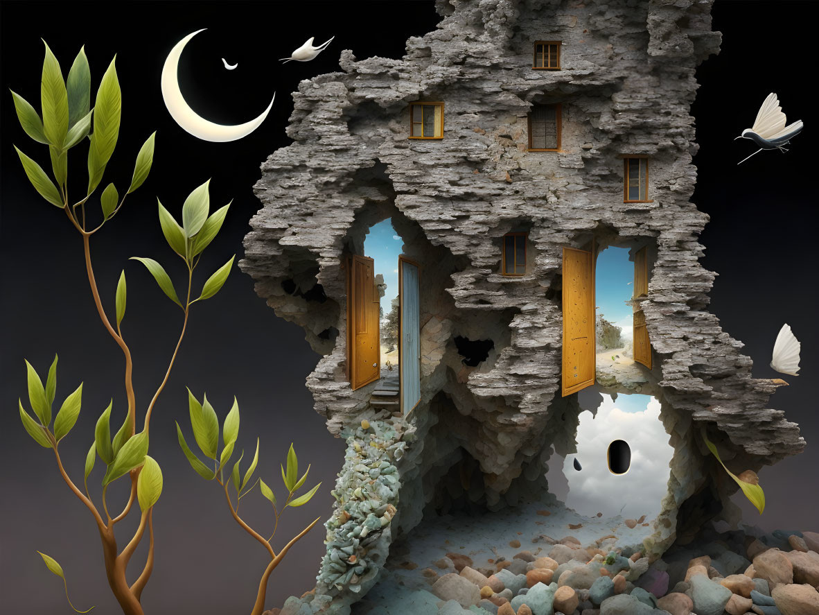 Surreal illustration of stone tower, floating rocks, birds, plant, moon, and ghostly