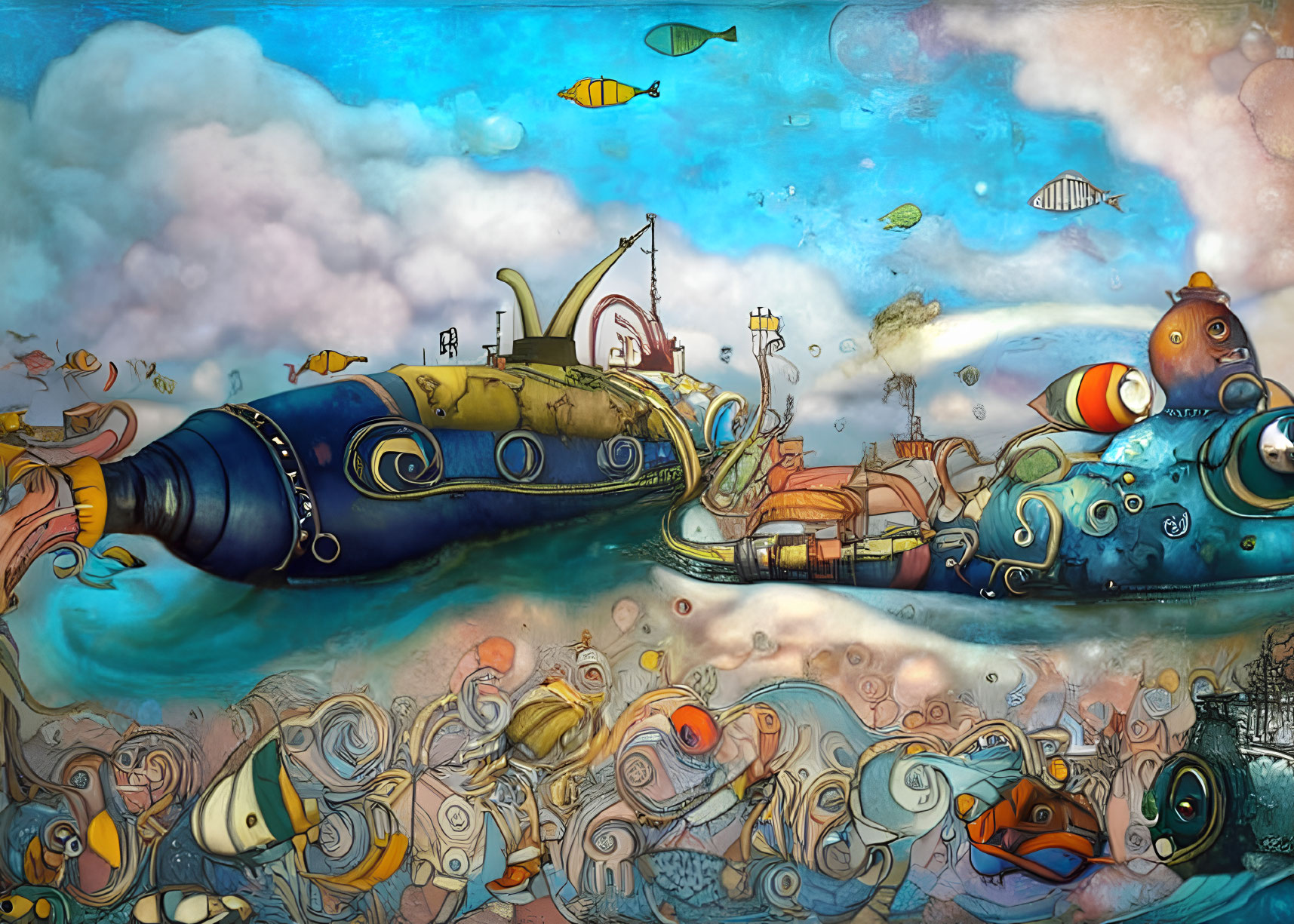 Vibrant underwater scene with whimsical submarine and stylized marine life