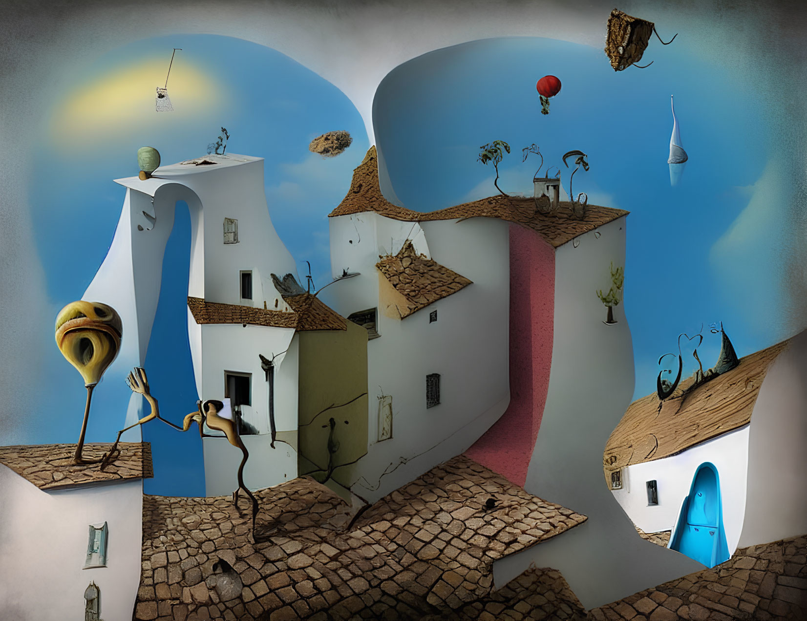 Surreal artwork of warped village with floating elements
