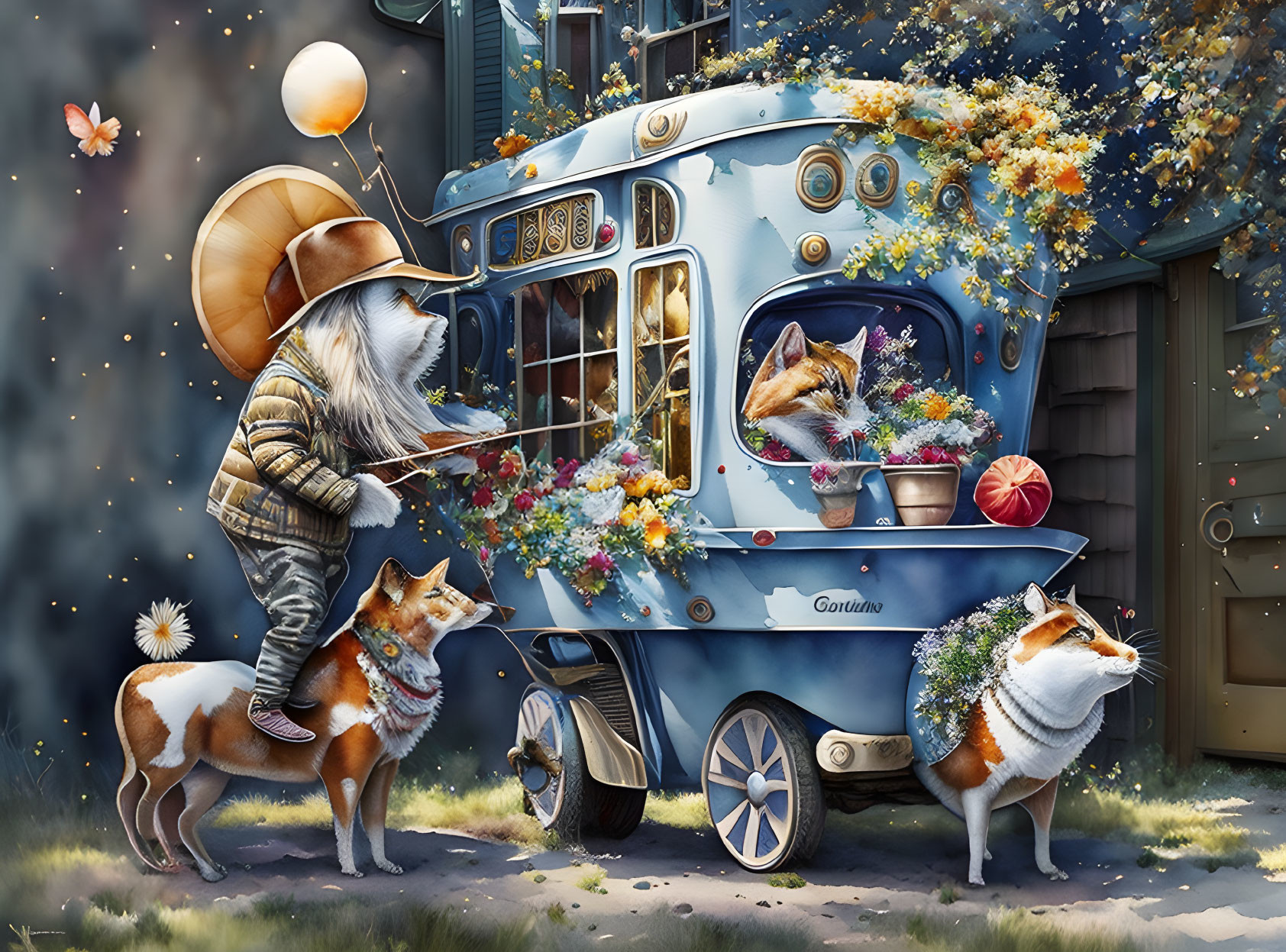 Anthropomorphic fox with hat and backpack meets two foxes in magical setting