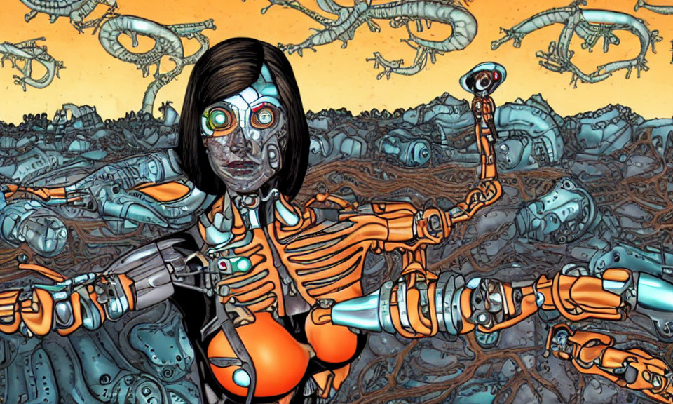 Cyborg female with robotic limbs in desolate landscape.