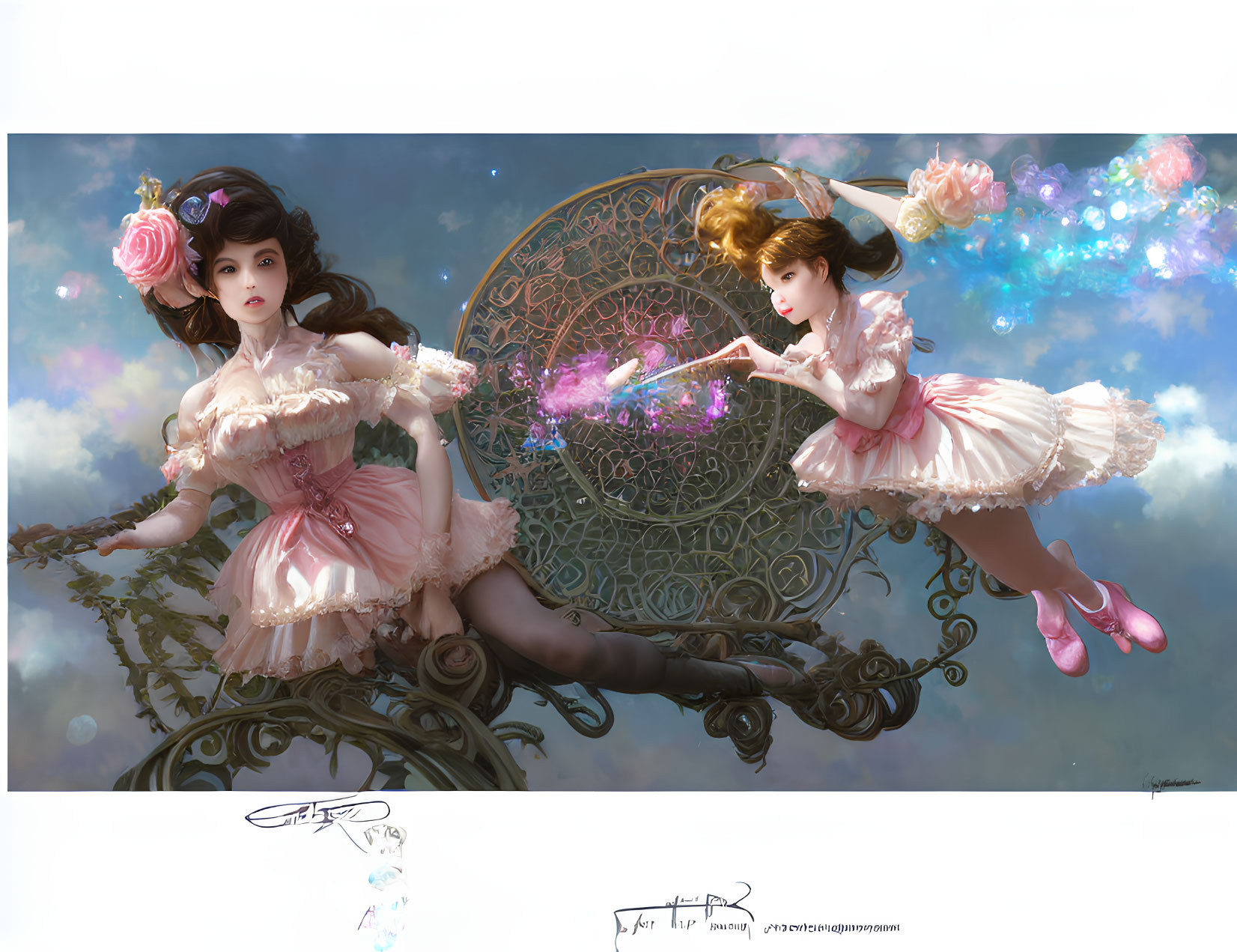 Whimsical girls with fairy wings in magical cloudscape