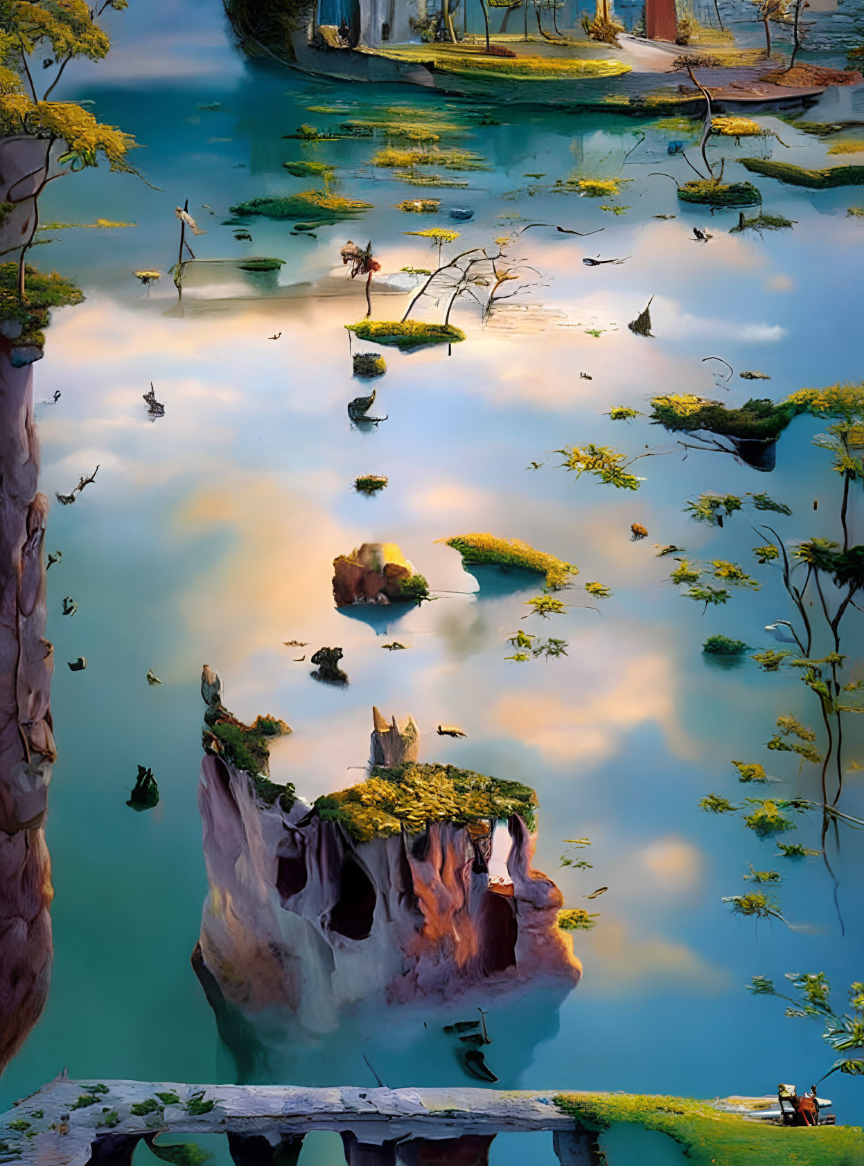 Tranquil landscape with inverted cliffs, reflective waters, vibrant trees, and greenery