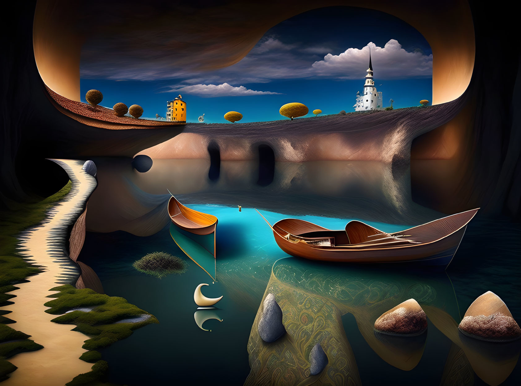 Surreal landscape featuring wooden boats, river, whimsical buildings, and winding path at twilight