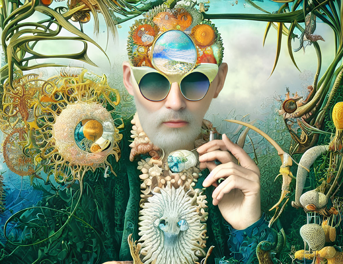 Vibrant surreal portrait with ornate headgear and reflective sunglasses