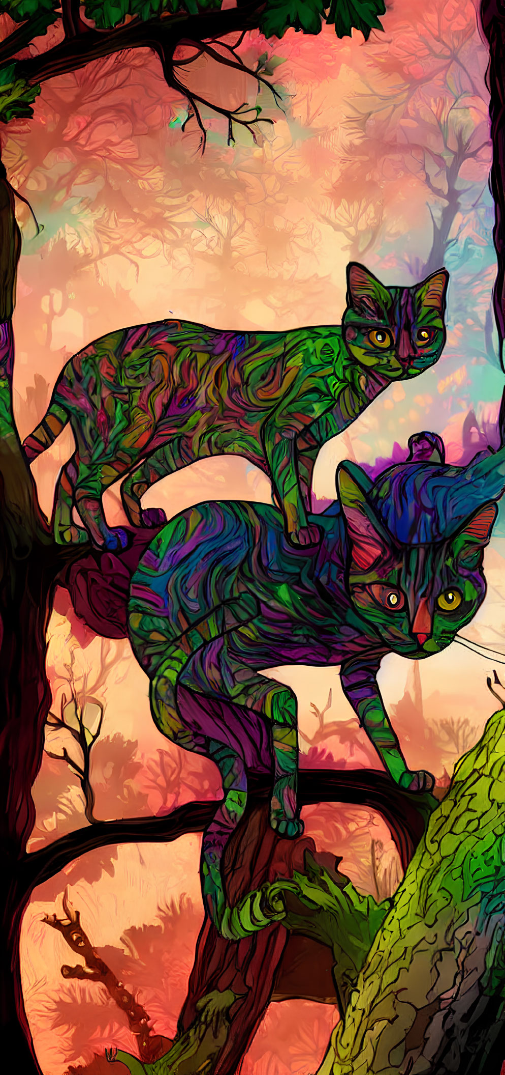 Colorful Cats on Intricate Tree in Surreal Forest Sunset