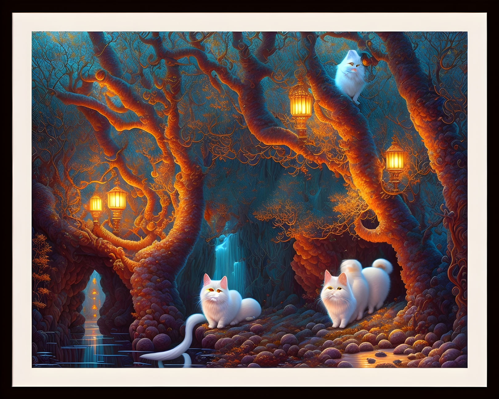 Mystical cats in enchanted forest with lanterns, twisted trees, and waterfall