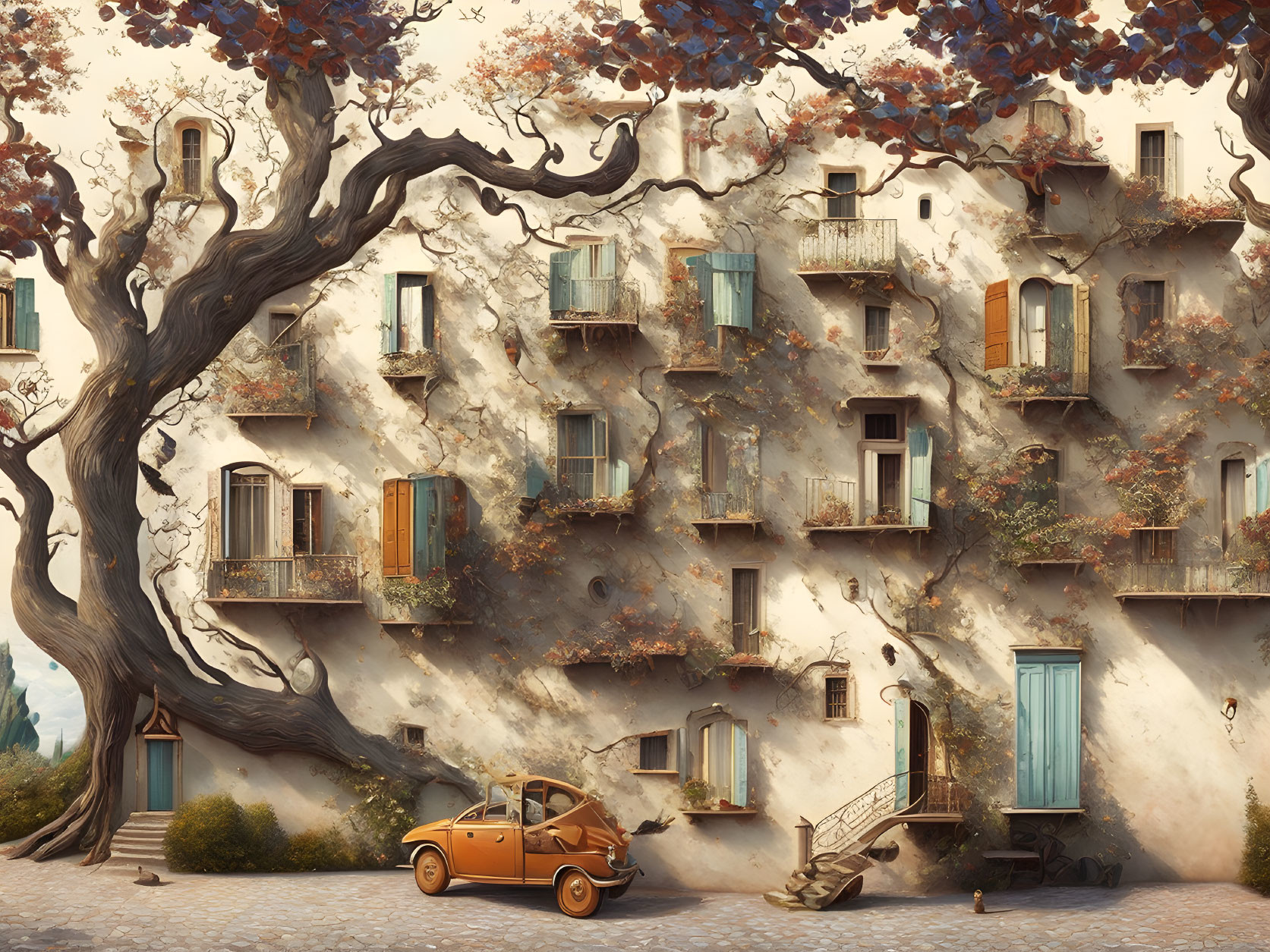Whimsical building with vines, tree, and vintage car
