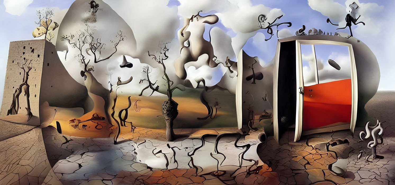 Surreal landscape: melting trees, distorted shapes, brick wall, open door, red-orange space