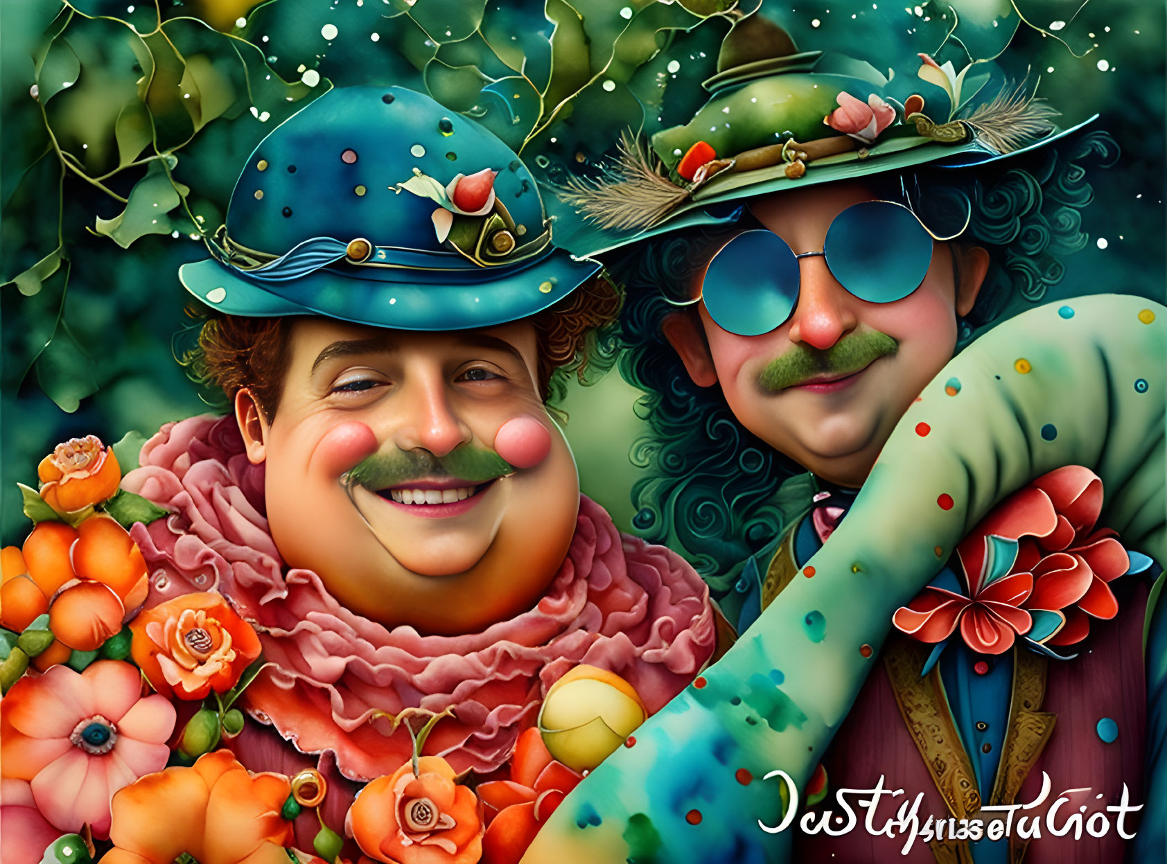 Vibrant illustration of whimsical male characters in colorful attire, surrounded by flowers and fruits