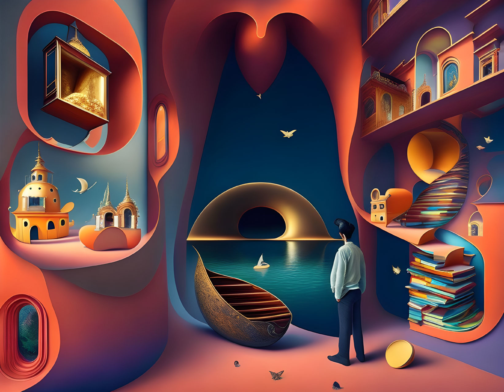 Surreal landscape with man, boat, moonlit sea, floating books, and swirling passages