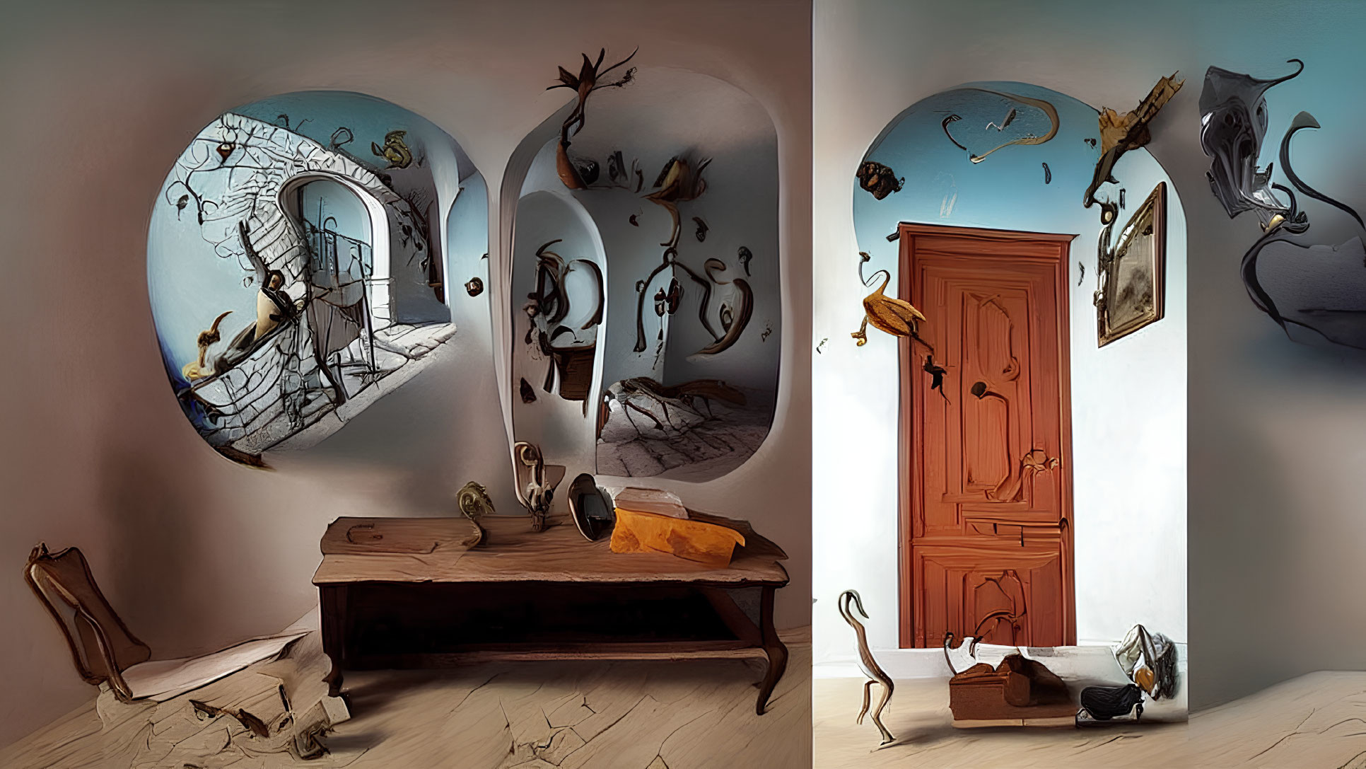 Surreal room with distorted walls, floating musical notes, person on spiral staircase, wooden door