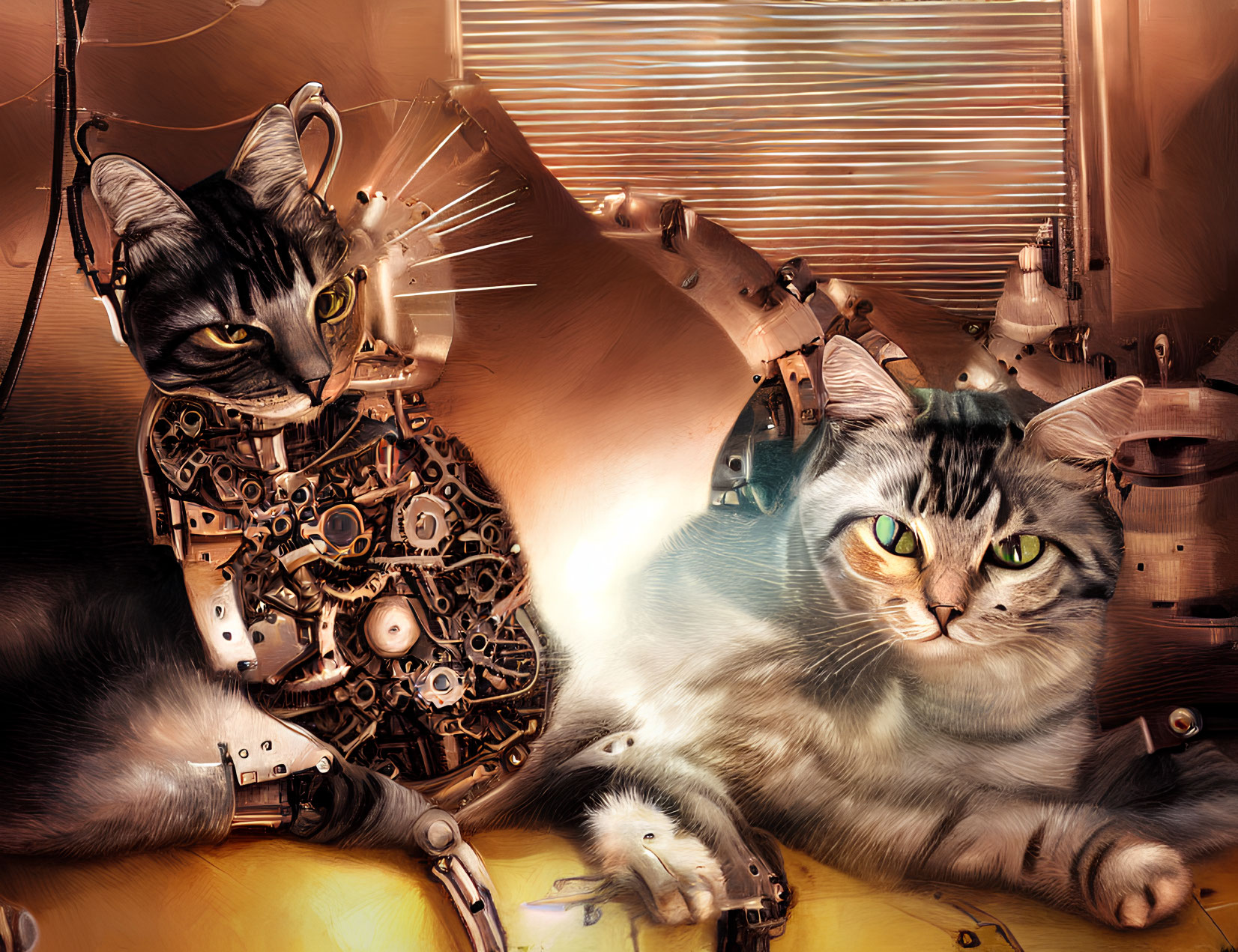 Digital artwork: Cat with visible mechanical innards next to a normal cat on warm-toned background with