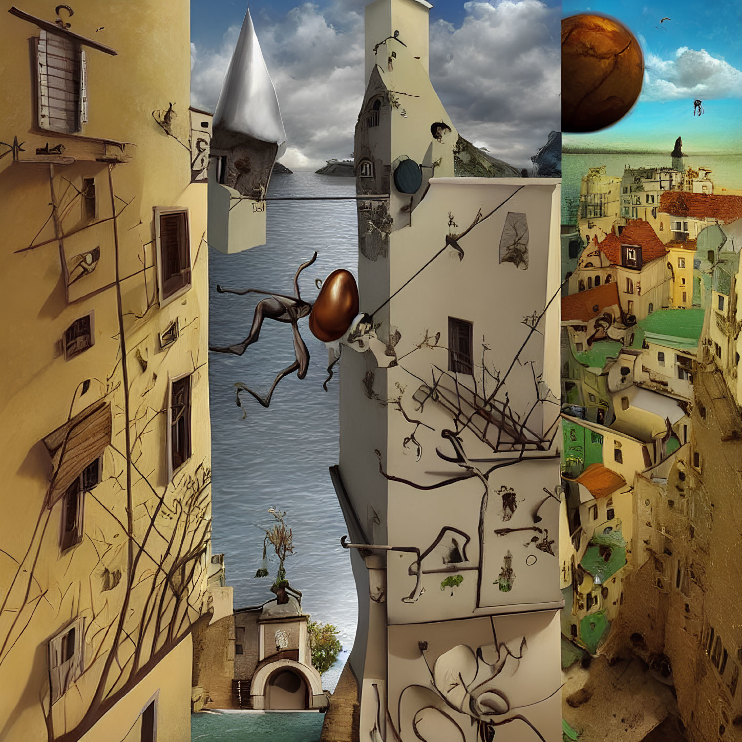 Surreal cityscape collage with ant, paper boat, whimsical architecture & multiple planets