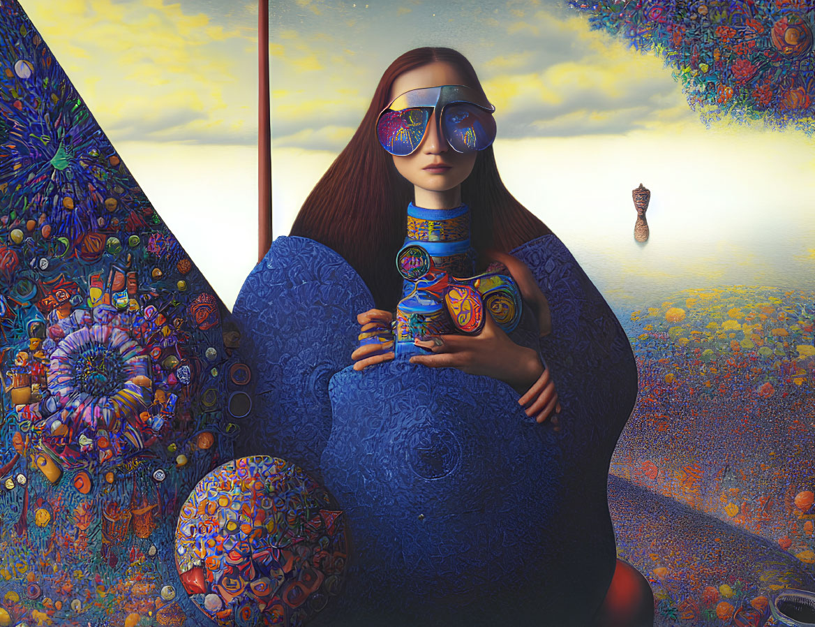 Surreal painting of person with long hair and sunglasses in vibrant landscape