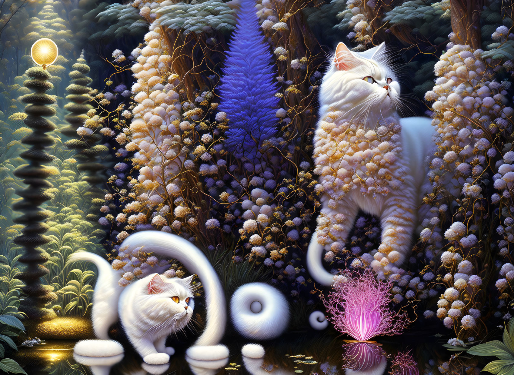 Whimsical digital art: Two fluffy cats in fantastical forest