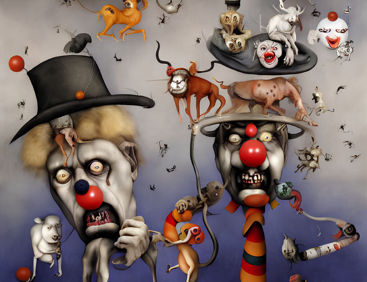 Surreal Artwork: Clown-like Figures, Whimsical Animals, Floating Heads
