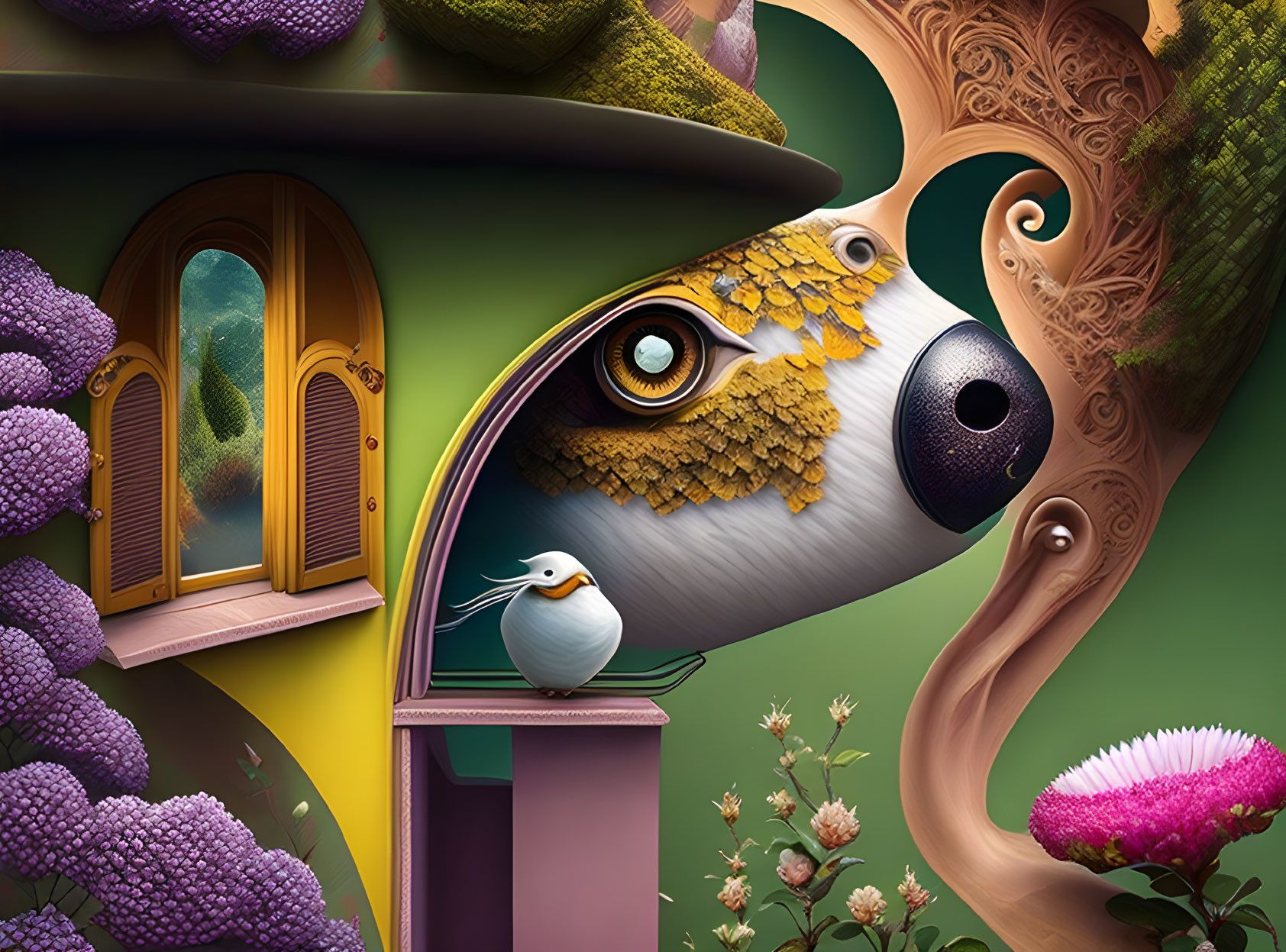 Surreal bird-themed artwork with forest view window and architectural elements
