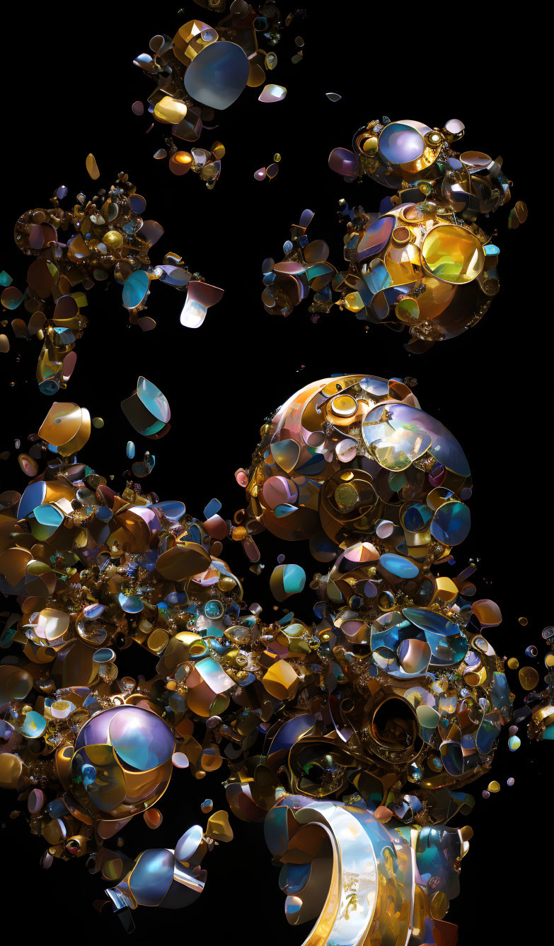 Shiny reflective bubbles and orbs in warm hues on dark background