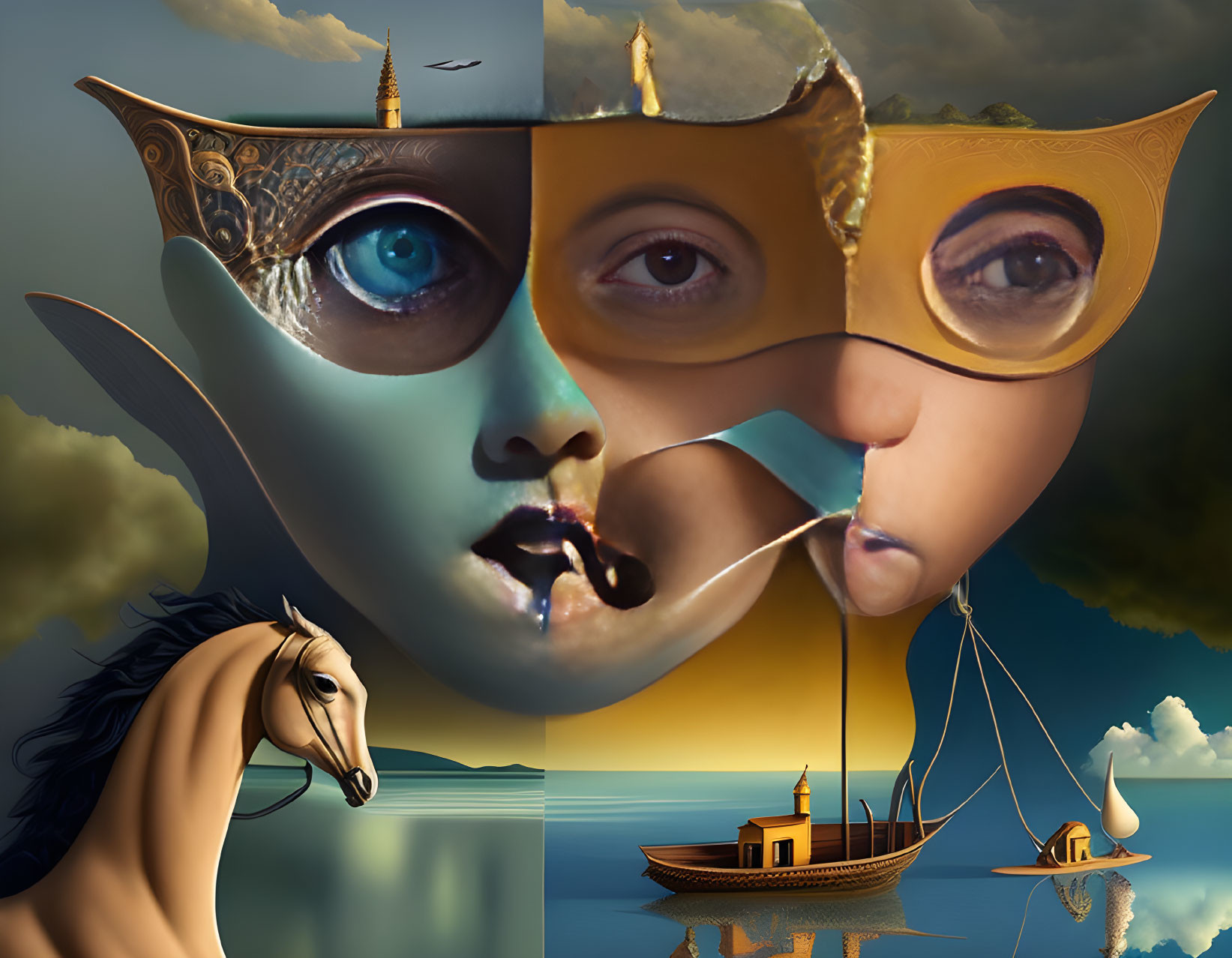 Surreal composite image: fragmented faces, masks, horse, boats on tranquil waters, cloudy sky