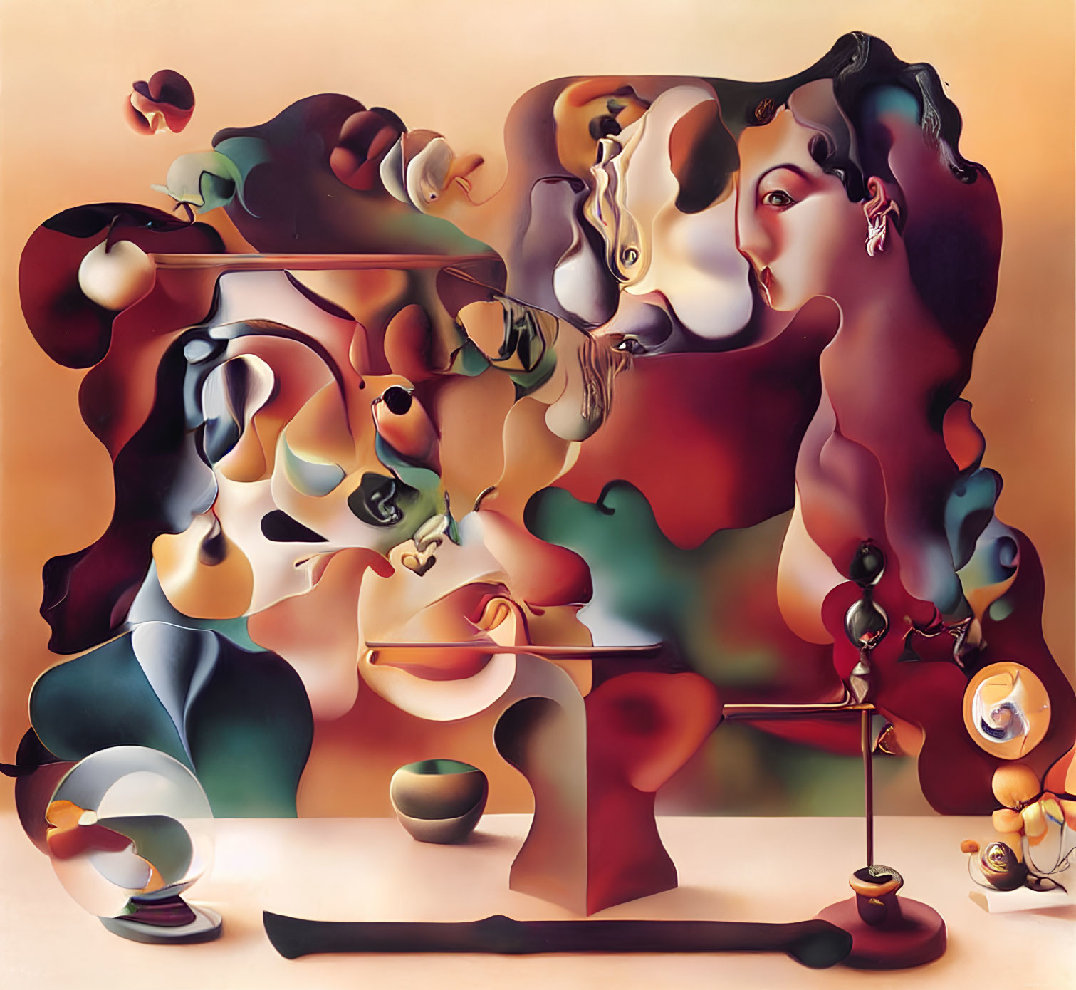 Abstract surreal painting: Two faces merging with vivid colors and abstract shapes, featuring dream-like scene with table