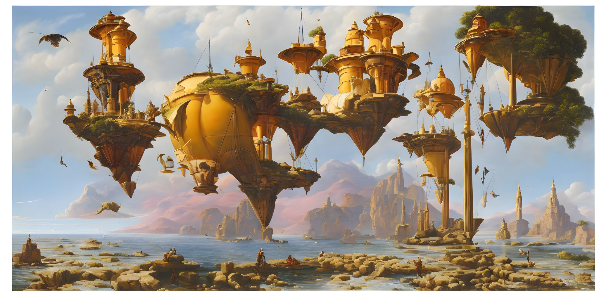 Fantasy landscape: Floating golden castles on islands connected by bridges