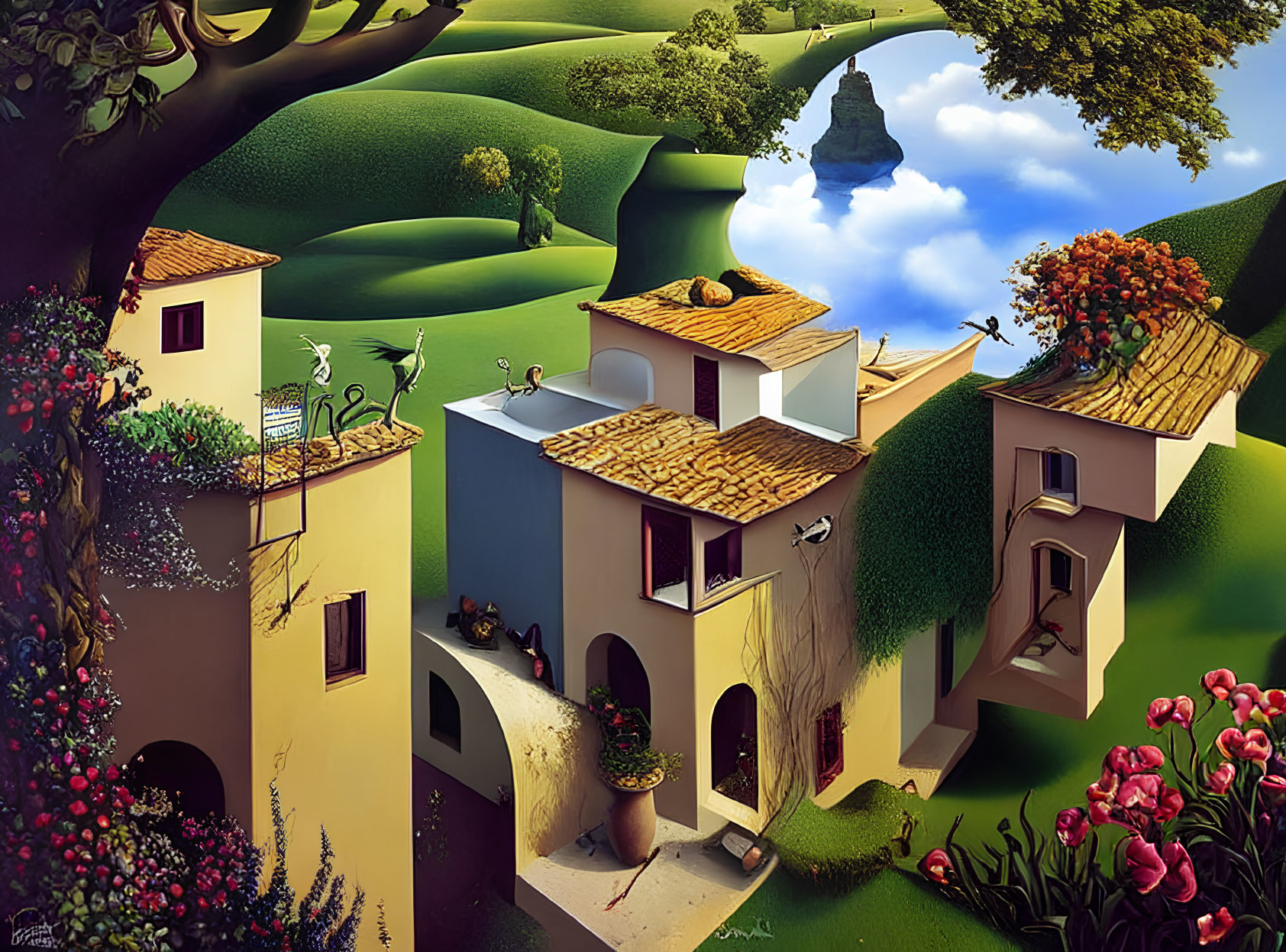 Whimsical houses amidst green hills and vibrant flora