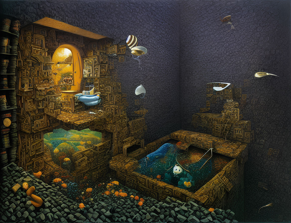 Surreal underwater room with fish, bookshelves, cozy nook, bathtub, and bed