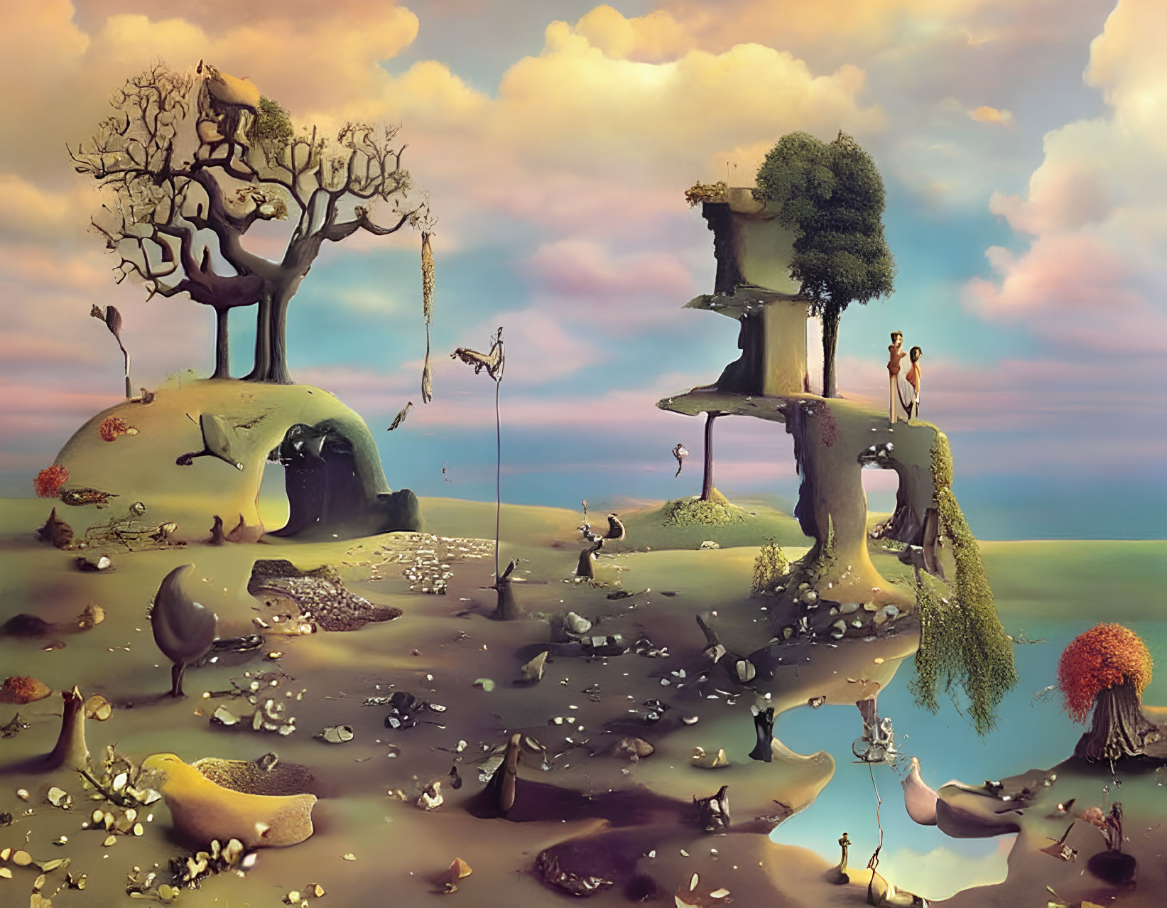 Surreal landscape with floating islands and whimsical creatures