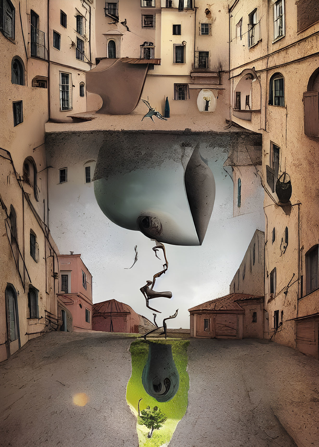 Surreal image of inverted town with distorted reflection and person on twisted path