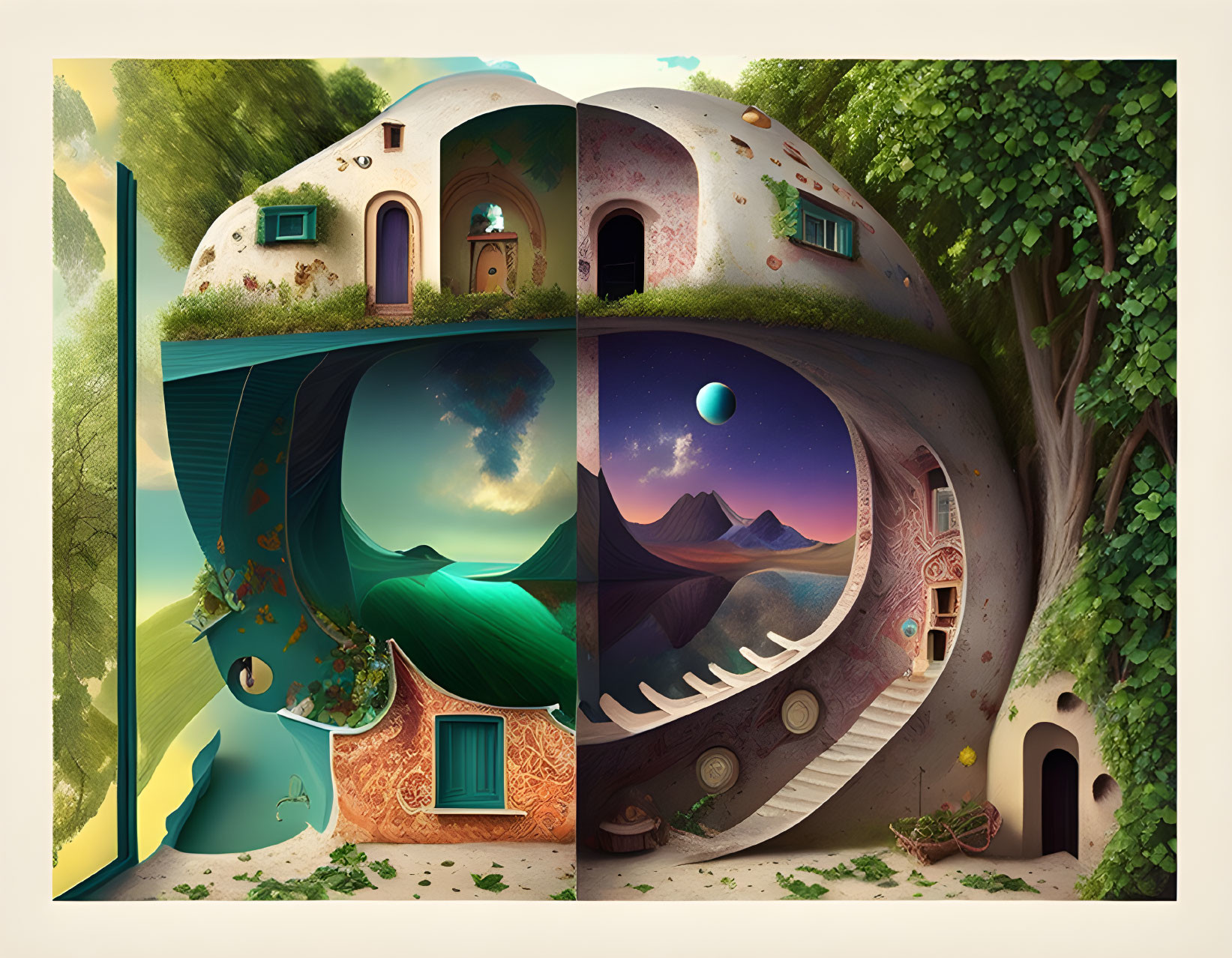 Fantasy-themed spherical house artwork with night sky, mountains, and staircase.