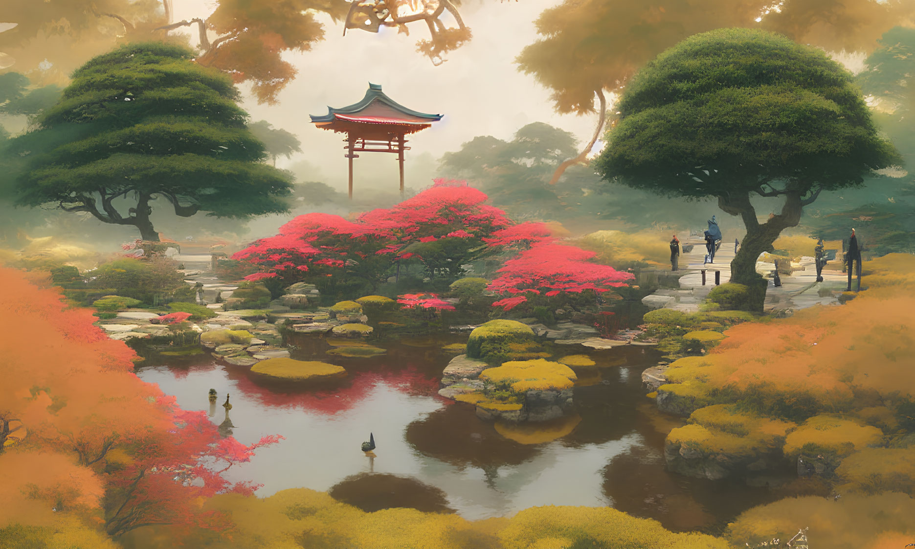 Japanese Garden Scene: Autumn Foliage, Tranquil Pond, Red Pagoda