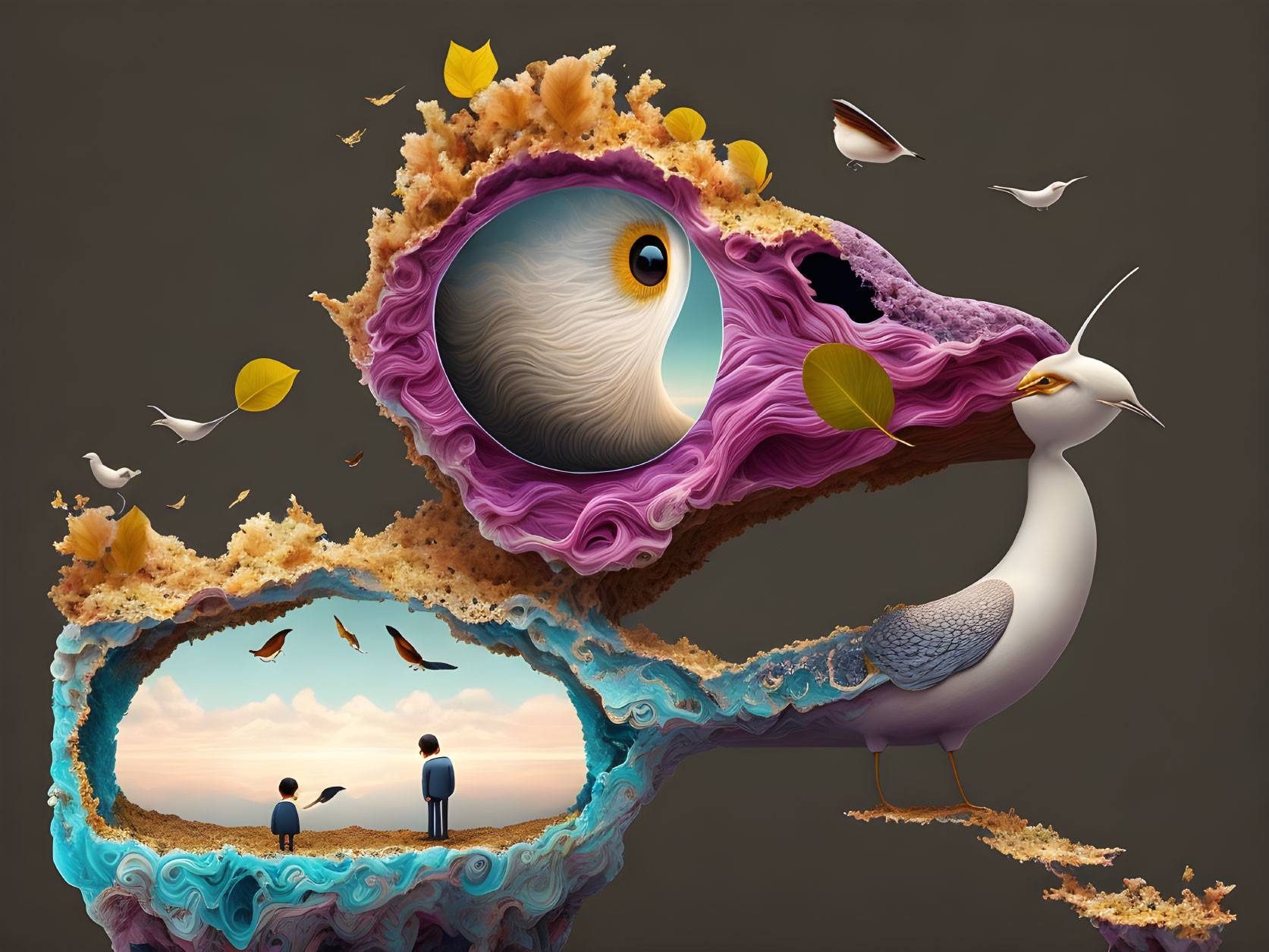 Surreal digital artwork: Seagull merges with colorful rock formations, two people view seascape
