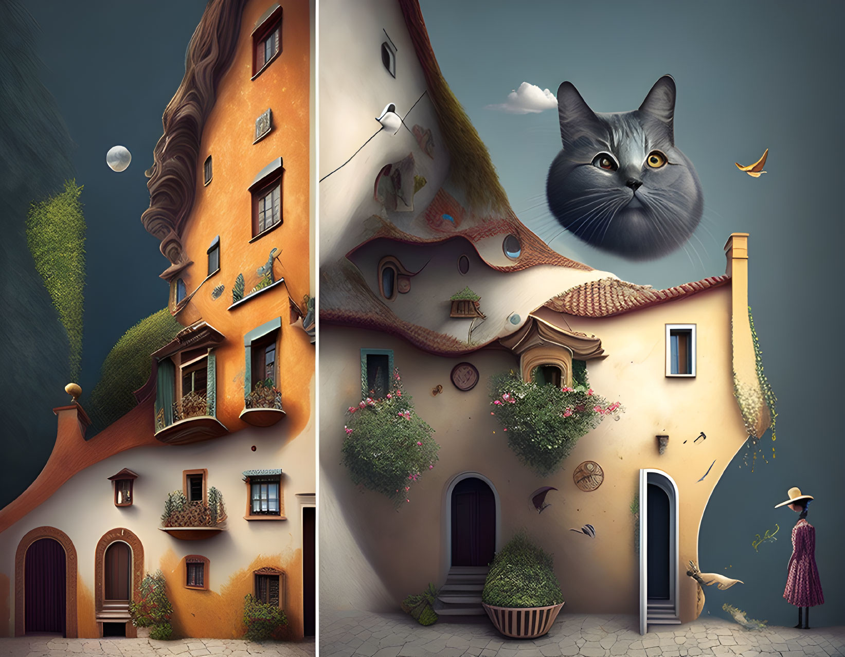 Whimsical surreal artwork: Curvy houses, giant cat face, floating objects